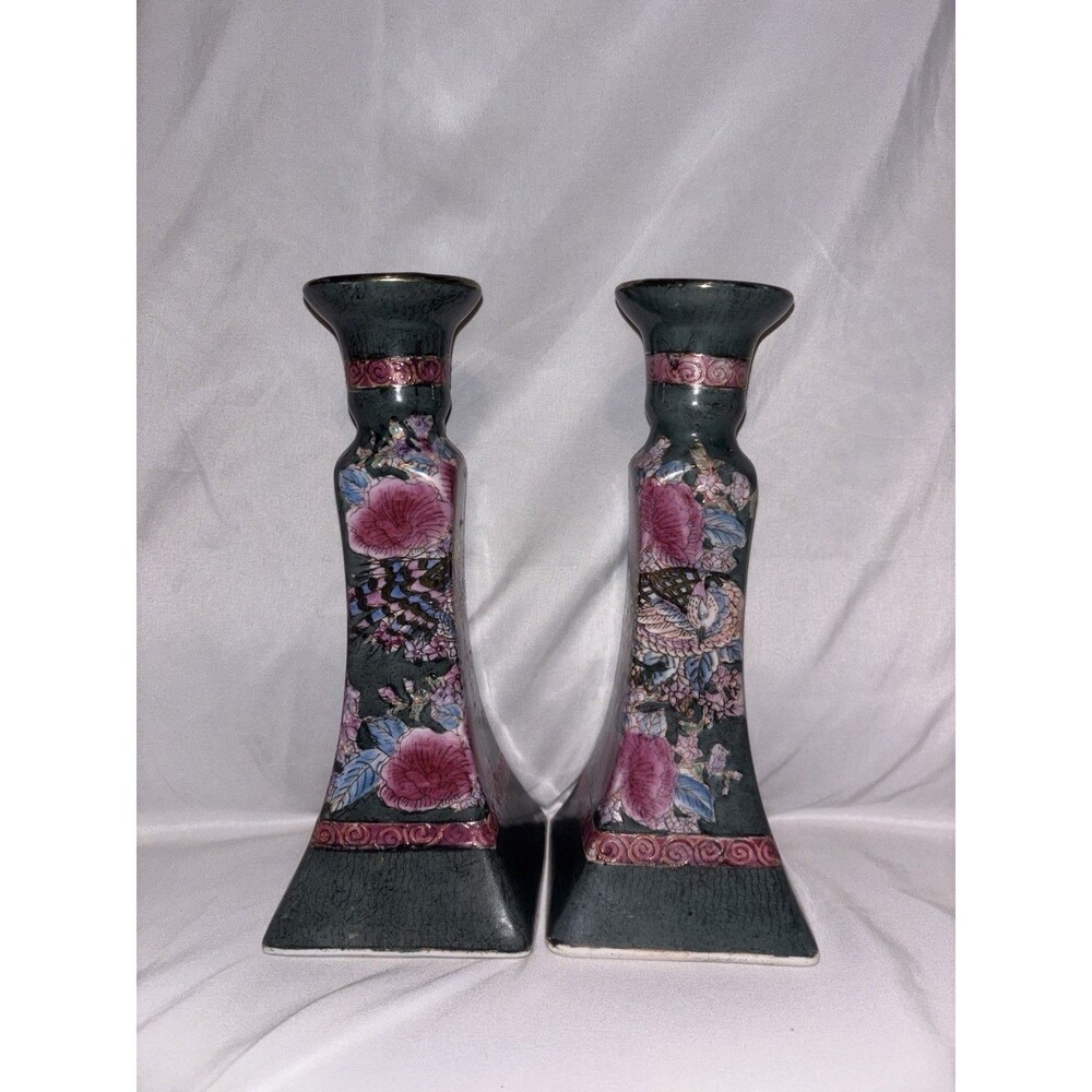 Vintage Famille Rose Porcelain Candlestick Holders 8.5"